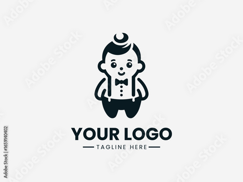 Dapper gentleman baby with bowtie and mustache in sophisticated vector logo