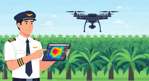 Pilot using a drone with thermal camera for agriculture in a tropical scenery