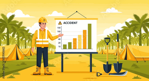 Construction worker presenting increasing accident statistics with a chart outdoors