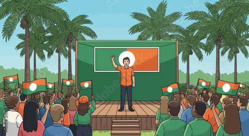 Political rally with speaker raising hand and flags, surrounded by audience