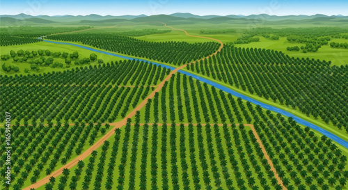 Agricultural landscape featuring symmetrical tree rows with a river winding through