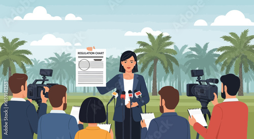 Formal announcement of regulation chart, in tropical setting surrounded by press