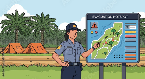 Female Officer Explaining the Evacuation Hotspot in Tropical Campsite Area