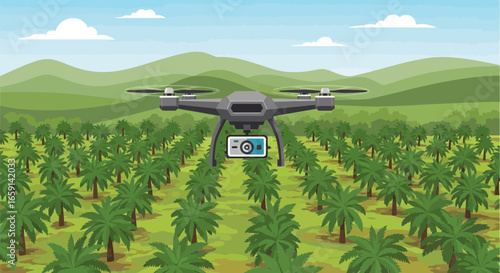 Drone surveying palm tree plantation offering a futuristic agricultural vision