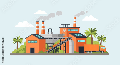 Vibrant illustration of a tropical factory with chimneys, palm trees, and transport