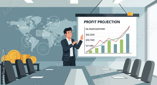 Business presentation showing profit projection of oil palm plantation worldwide