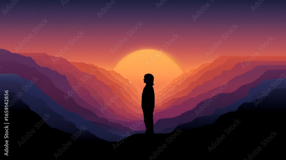 Fototapeta premium Silhouette of a person standing on a ridge overlooking layered mountains at sunset with a vibrant sky