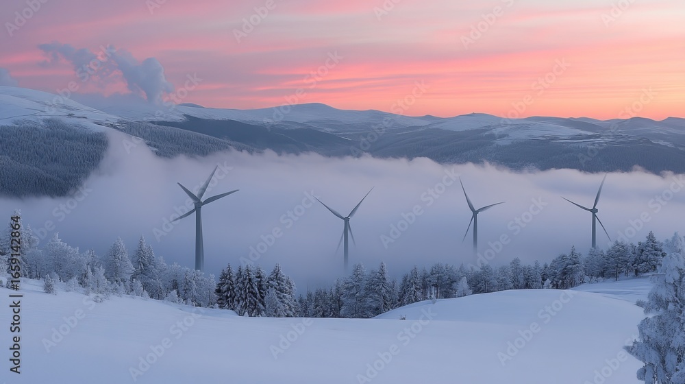 Fototapeta premium Sunrise over snowy mountains, wind turbines in mist