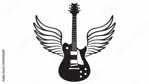 Silhouette of an electric guitar with stylized wings attached to its sides in a monochrome illustration