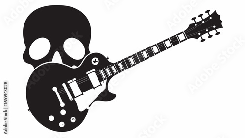 Black electric guitar with white pickguard and a skull in the background in vector format image
