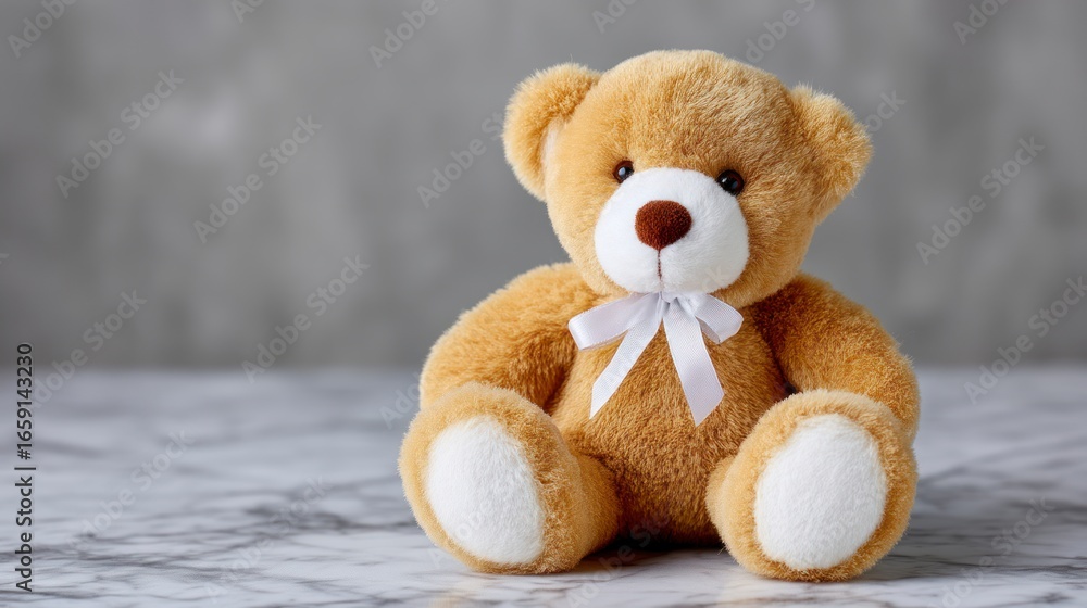 Obraz premium A classic brown teddy bear with a white ribbon bow sits on a marble surface against a textured grey background