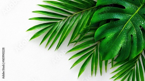 Lush green monstera and palm leaves with water droplets against a textured white background