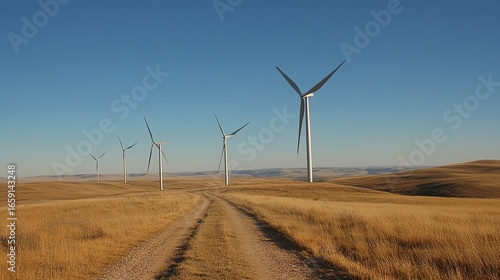 Wind turbines stand tall in a golden field.  A dirt road stretches into the distance