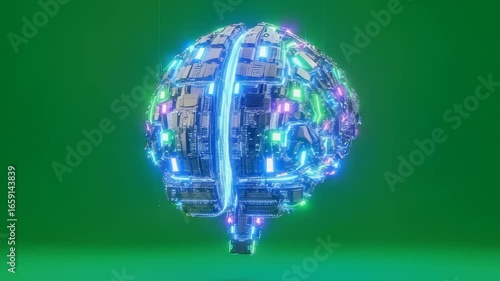 Futuristic Artificial Intelligence Brain Concept with Glowing Cybernetic Network Visuals on green