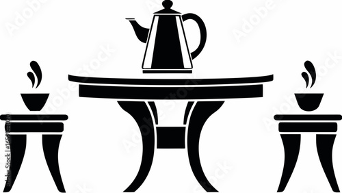 Black and white vector illustration of a tea set with teapot and cups on tables in simple design style silhouette