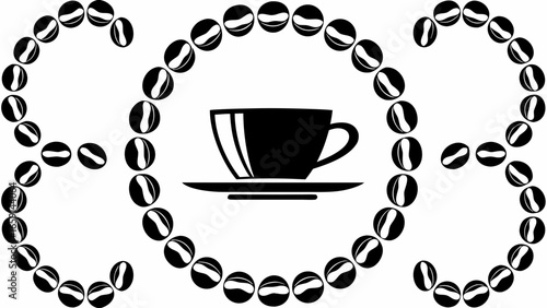 Black coffee cup on saucer surrounded by a circle and letter shapes made of coffee beans in black and white silhouette