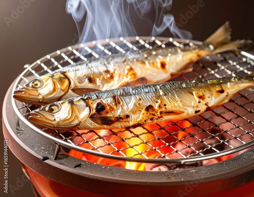 Shichirin cuisine of swordfish grilled fragrantly over a charcoal fire/炭火で香ばしく焼かれる秋刀魚の七輪料理