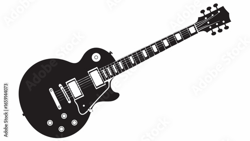 Illustration of a solid body electric guitar with six strings and tuning pegs on the headstock