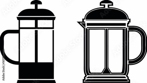 Two french press coffee makers displayed in black and white with distinct design variations shown silhouette
