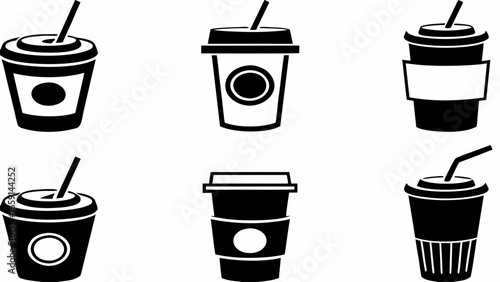 Illustration showcasing six stylized coffee cups with lids and straws in black and white vector format silhouette