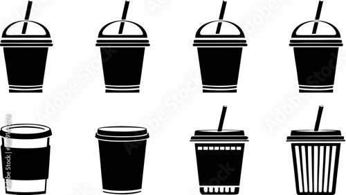 Illustration of various black and white disposable coffee and drink cups with lids and straws design silhouette