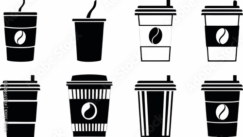 Illustration of eight coffee cups with different designs and shapes in black and white colors silhouette