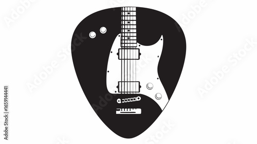 Illustration of an electric guitar inside a black guitar pick with white accents and details shown