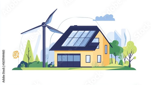 Eco-friendly home with solar panels and wind turbine