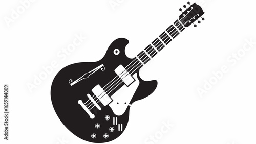 A stylized black and white illustration of an electric guitar with detailed components shown clearly
