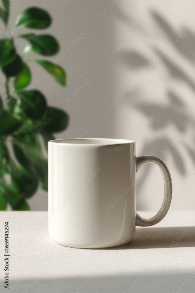custom made wallpaper toronto digitalMinimalist white ceramic mug placed on a white with a blurred green leafy plant in the background, capturing a simple and modern aesthetic