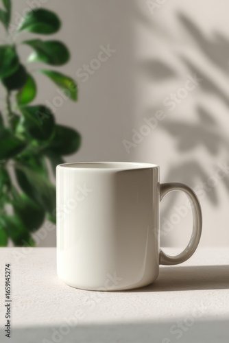 Wallpaper Mural Minimalist white ceramic mug placed on a white with a blurred green leafy plant in the background, capturing a simple and modern aesthetic Torontodigital.ca