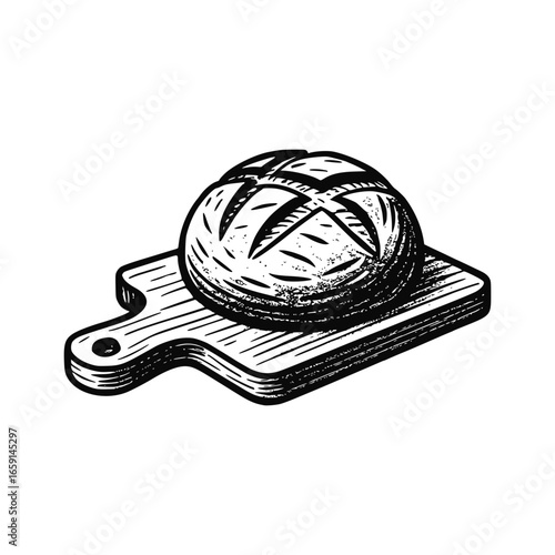 Sourdough Boule Bread Loaf on Wooden Cutting Board Vector Clipart or Illustration, Rustic Vintage Hand-Drawn ink Sketch Style - Artisan Bread Drawing for Bakery Design, Logo  (Isolated, Transparent