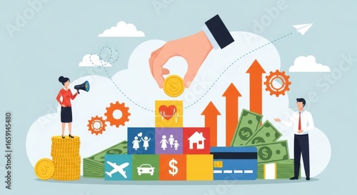 People collaborating on financial growth with icons representing savings family home travel and car expenses