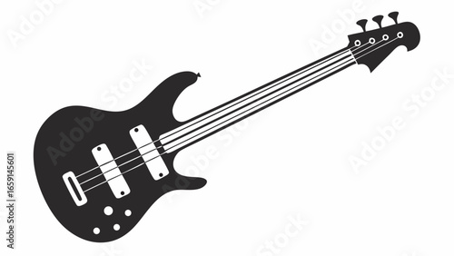 Illustration of a black and white bass guitar with four strings and tuning pegs on a white background