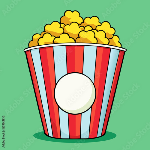 Striped popcorn container overflowing with yellow kernels on green background – Movie snack, cinema treat, food icon, entertainment illustration, stylized popcorn design, casual dining concept