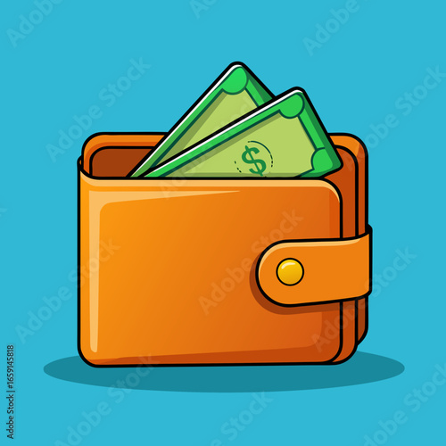 Orange wallet with green dollar bills on blue background – Personal finance, money management, cash savings, wallet icon, financial planning, economic concept illustration