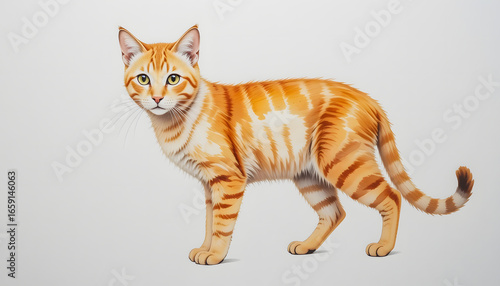 A sweet African golden cat is beautifully rendered in a vibrant watercolor style with pastel colors, against a clean white background with colorful splashes.