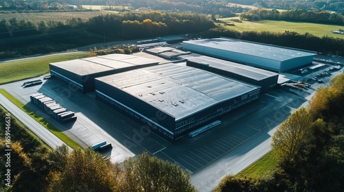 Aerial view of modern industrial buildings, parking lots, and surrounding fields