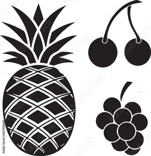 Stylized silhouette icons of tropical pineapple cherries and grapes representing healthy fruit choices and refreshing summer flavors
