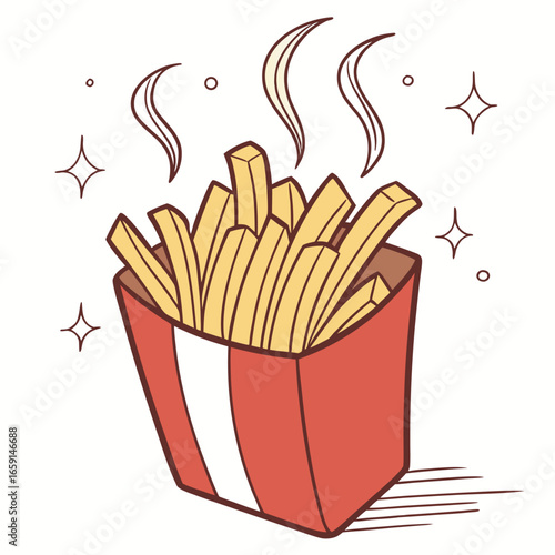 Illustration of a French Fries Box with Steam and Sparkles