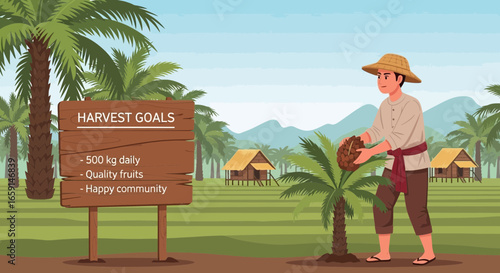 Illustrative scene of a traditional palm fruit harvest with community goals