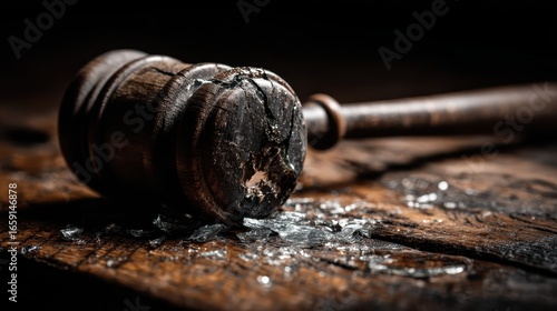 A damaged gavel rests on a shattered wooden surface with broken glass. Symbolizes legal battles, decisions, justice gone wrong, or broken trust.