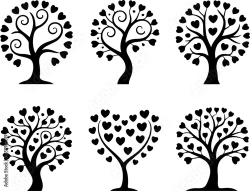 a set of six minimalist black silhouette tree illustrations on a pure white background
