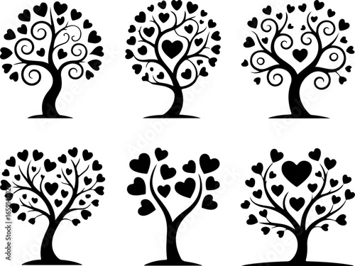 a set of six minimalist black silhouette tree illustrations on a pure white background
