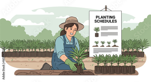 Woman gardener planting seedlings according to the planting schedule in farm