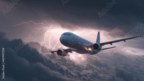 Airplane flying through stormy skies with lightning in the background, dramatic weather scene