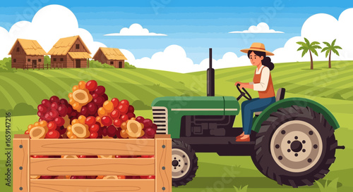 Rural farm landscape featuring a farmer with a tractor carrying fresh crops