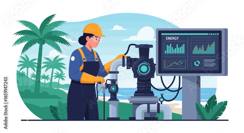 Coastal Energy Worker Monitoring System with Tropical Background Scenery