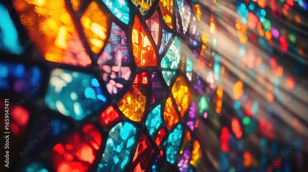 Fototapeta premium Colorful stained glass window, sunlight rays, church interior, vibrant mosaic