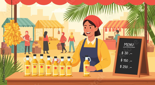 Lively market scene featuring a woman selling bottled beverages and snacks
